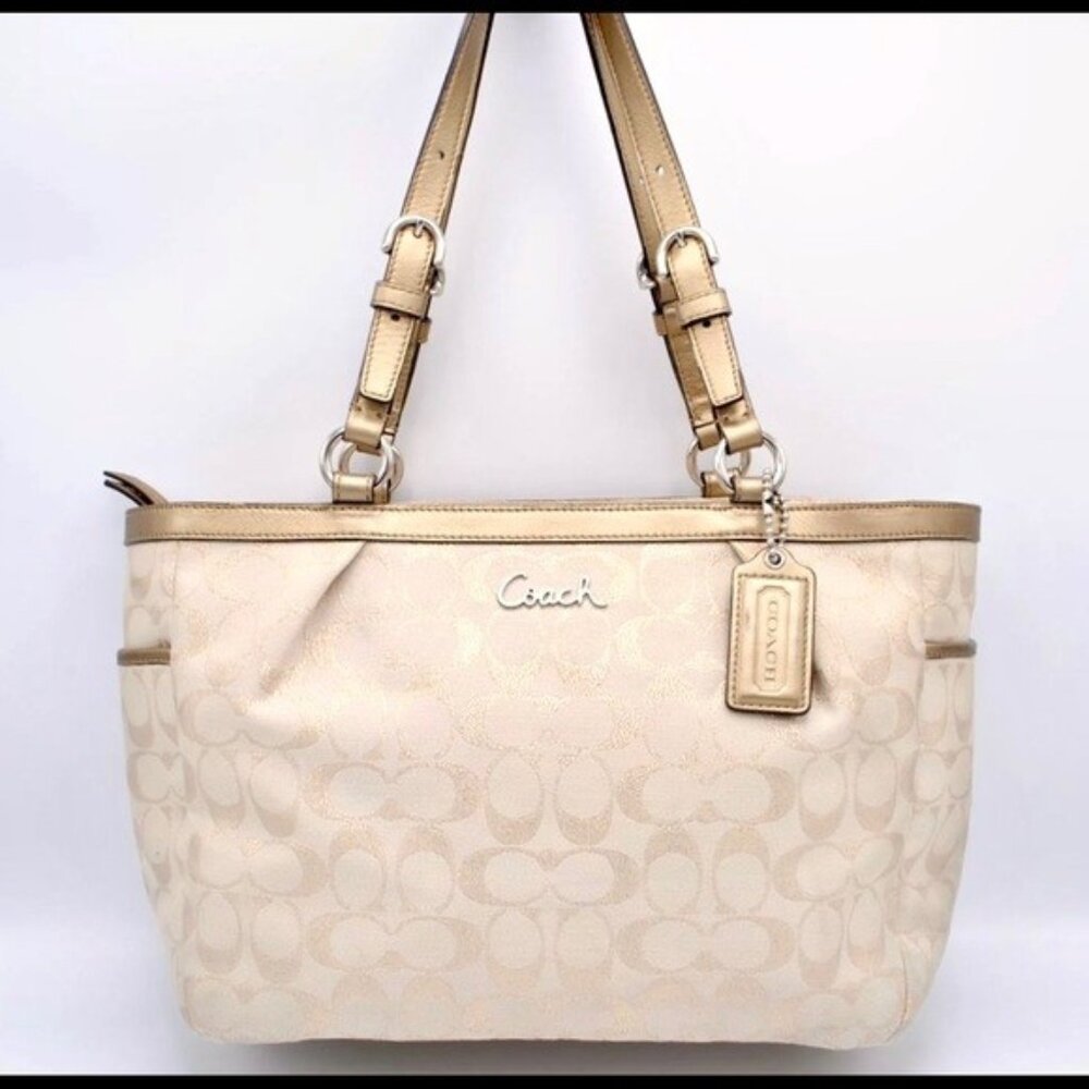 Euc Vintage Coach Gallery Lurex East/West Gold Signature Tote Bag Purse